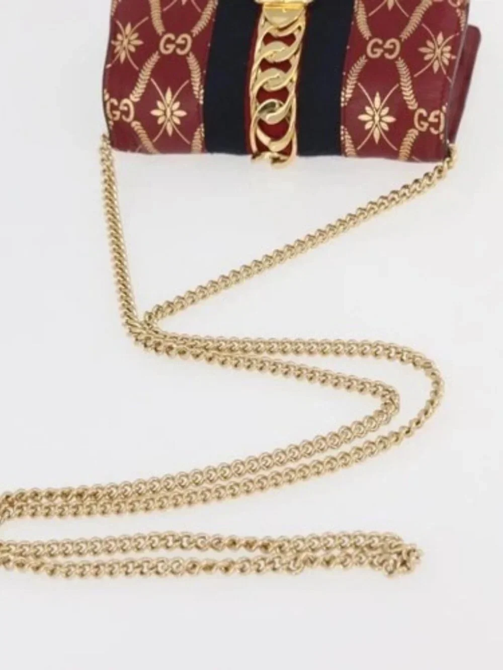 GUCCI GG Canvas Sylvie Sherry Line Chain Bag Leather Red 494646 Auth BAZ806A